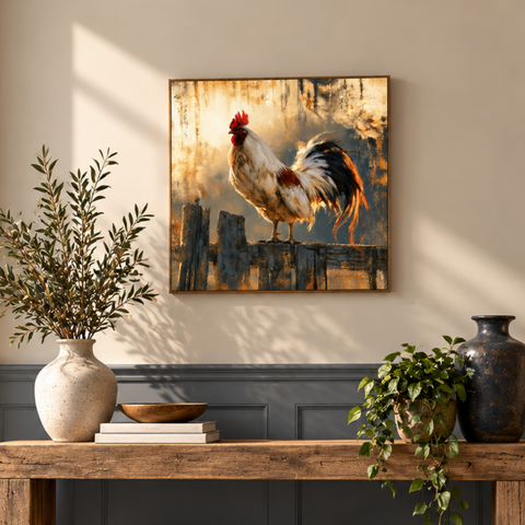 Morning Sentinel Brushed Aluminum Rooster Print, Farmhouse Metal Wall Art, Rustic Countryside Decor, Modern Farmhouse Rooster Gift