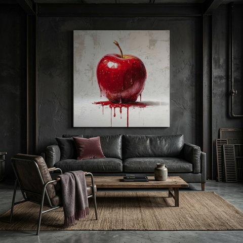 Industrial Orchard: Red Apple Drip on Brushed Aluminum Print - Bold Statement Art for Kitchens & Lofts | Gallery-Ready Wall Decor