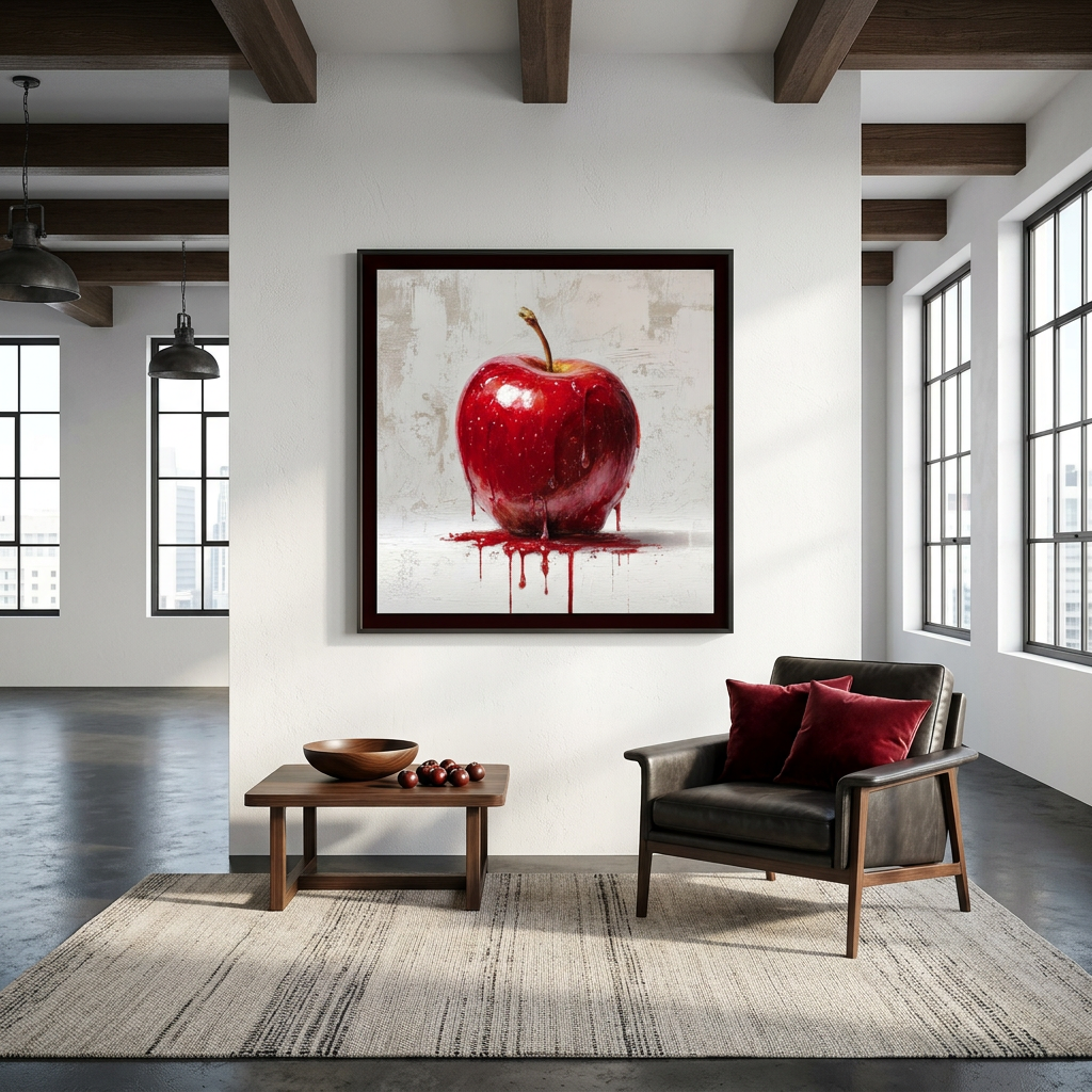 Industrial Orchard: Red Apple Drip on Brushed Aluminum Print - Bold Statement Art for Kitchens & Lofts | Gallery-Ready Wall Decor