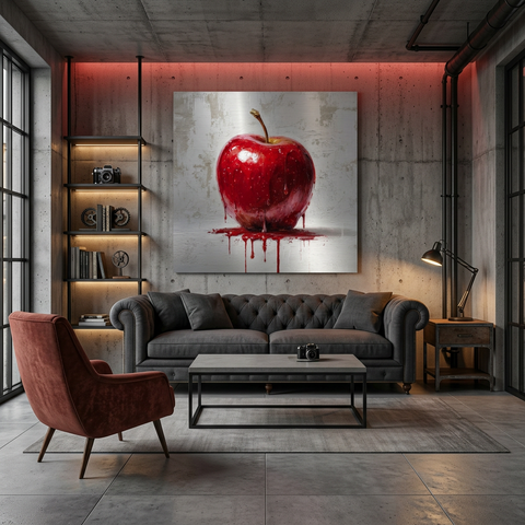 Industrial Orchard: Red Apple Drip on Brushed Aluminum Print - Bold Statement Art for Kitchens & Lofts | Gallery-Ready Wall Decor