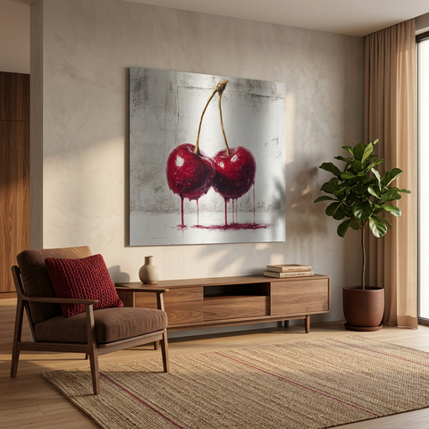 Industrial Orchard: Red Cherry Drip Art on Aluminum | Modern Fruit Art | Brushed Silver Metal Wall Decor | Contemporary Kitchen Art