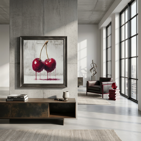 Industrial Orchard: Red Cherry Drip Art on Aluminum | Modern Fruit Art | Brushed Silver Metal Wall Decor | Contemporary Kitchen Art