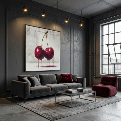 Industrial Orchard: Red Cherry Drip Art on Aluminum | Modern Fruit Art | Brushed Silver Metal Wall Decor | Contemporary Kitchen Art