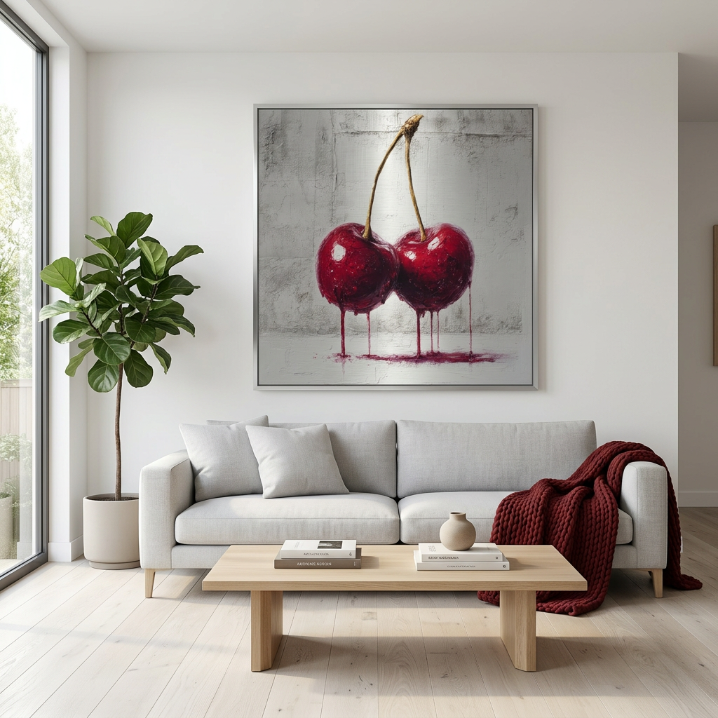 Industrial Orchard: Red Cherry Drip Art on Aluminum | Modern Fruit Art | Brushed Silver Metal Wall Decor | Contemporary Kitchen Art