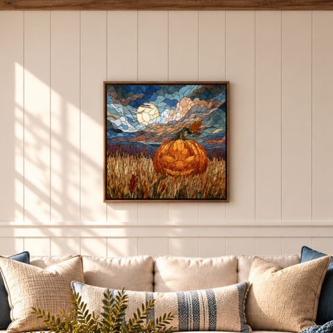 Jack of Harvest Moon Aluminum Print, Stained Glass Style Fall Wall Art, Spooky October Home Decor, Pumpkin Jack-o-lantern Metal Wall Hanging