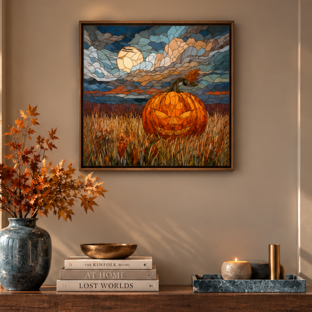 Jack of Harvest Moon Aluminum Print, Stained Glass Style Fall Wall Art, Spooky October Home Decor, Pumpkin Jack-o-lantern Metal Wall Hanging