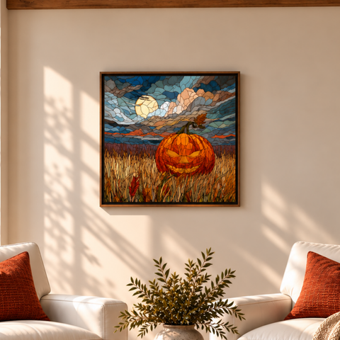 Jack of Harvest Moon Aluminum Print, Stained Glass Style Fall Wall Art, Spooky October Home Decor, Pumpkin Jack-o-lantern Metal Wall Hanging