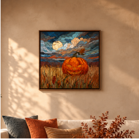 Jack of Harvest Moon Aluminum Print, Stained Glass Style Fall Wall Art, Spooky October Home Decor, Pumpkin Jack-o-lantern Metal Wall Hanging