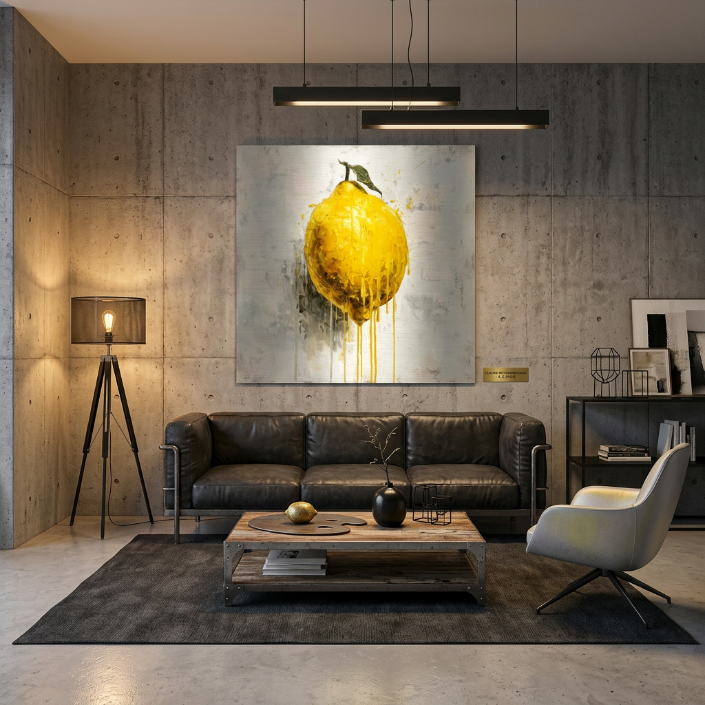 Industrial Orchard: Citrus Lemon Drip Art on Aluminum Print - Modern Kitchen Art, Contemporary  Fresh Fruit Print, Brushed Silver Metal Art