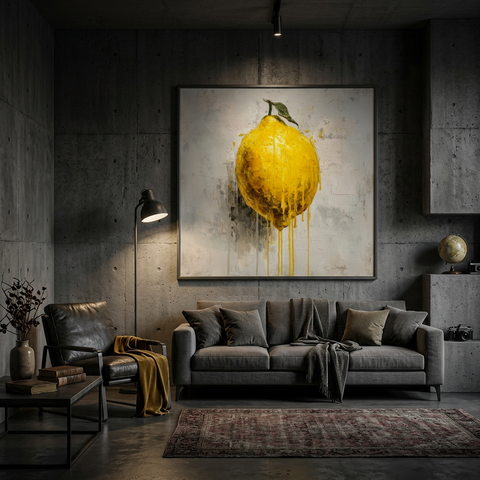 Industrial Orchard: Citrus Lemon Drip Art on Aluminum Print - Modern Kitchen Art, Contemporary  Fresh Fruit Print, Brushed Silver Metal Art