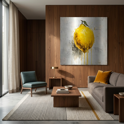 Industrial Orchard: Citrus Lemon Drip Art on Aluminum Print - Modern Kitchen Art, Contemporary  Fresh Fruit Print, Brushed Silver Metal Art