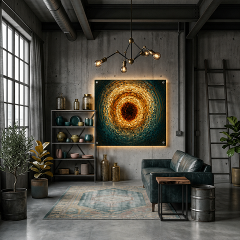 Origin Acrylic Wall Art – Gold & Teal 3D Illusion Abstract Print