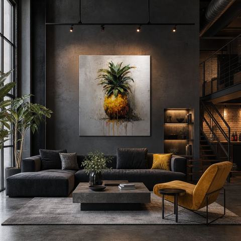 Industrial Orchard: Tropical Pineapple Drip Art on Aluminum Print | Modern Kitchen Art | Brushed Silver Wall Decor | Contemporary Fruit Art