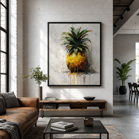 Industrial Orchard: Tropical Pineapple Drip Art on Aluminum Print | Modern Kitchen Art | Brushed Silver Wall Decor | Contemporary Fruit Art