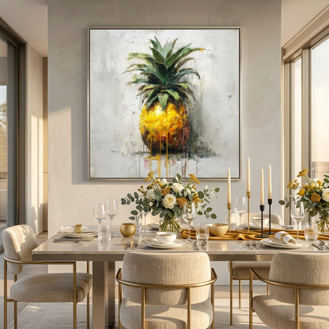 Industrial Orchard: Tropical Pineapple Drip Art on Aluminum Print | Modern Kitchen Art | Brushed Silver Wall Decor | Contemporary Fruit Art