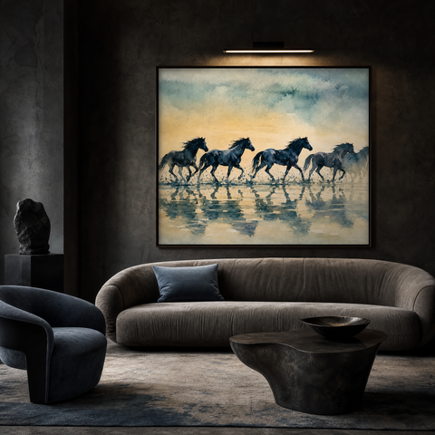 Running at Dusk Aluminum Print - Western Landscape Wall Art, Cinematic Sunset Silhouette Metal Wall Decor, Modern Industrial Home Gift