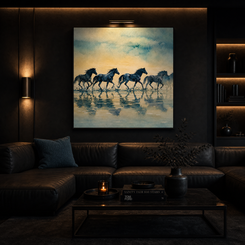 Running at Dusk Aluminum Print - Western Landscape Wall Art, Cinematic Sunset Silhouette Metal Wall Decor, Modern Industrial Home Gift