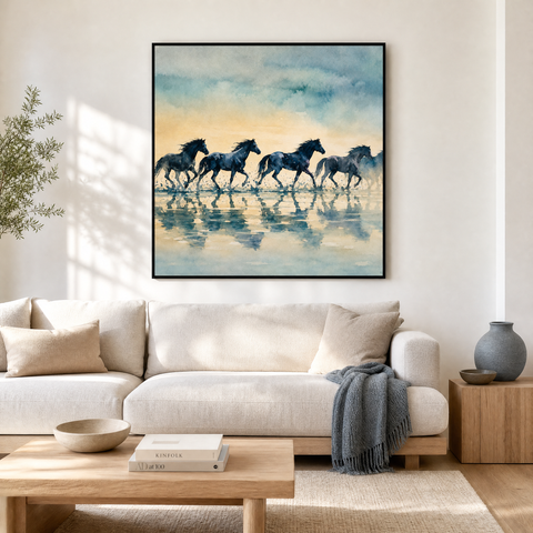 Running at Dusk Aluminum Print - Western Landscape Wall Art, Cinematic Sunset Silhouette Metal Wall Decor, Modern Industrial Home Gift