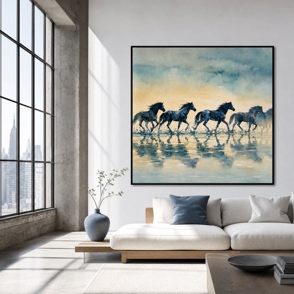 A framed wall art print showing a group of dark horses running across reflective water under a blue and yellow sky, displayed above a white sofa in a modern living room with large windows.