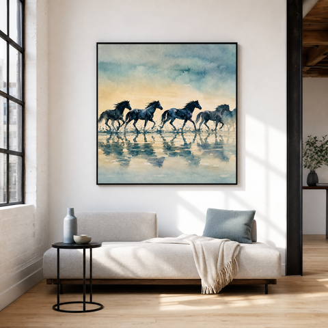 Running at Dusk Aluminum Print - Western Landscape Wall Art, Cinematic Sunset Silhouette Metal Wall Decor, Modern Industrial Home Gift