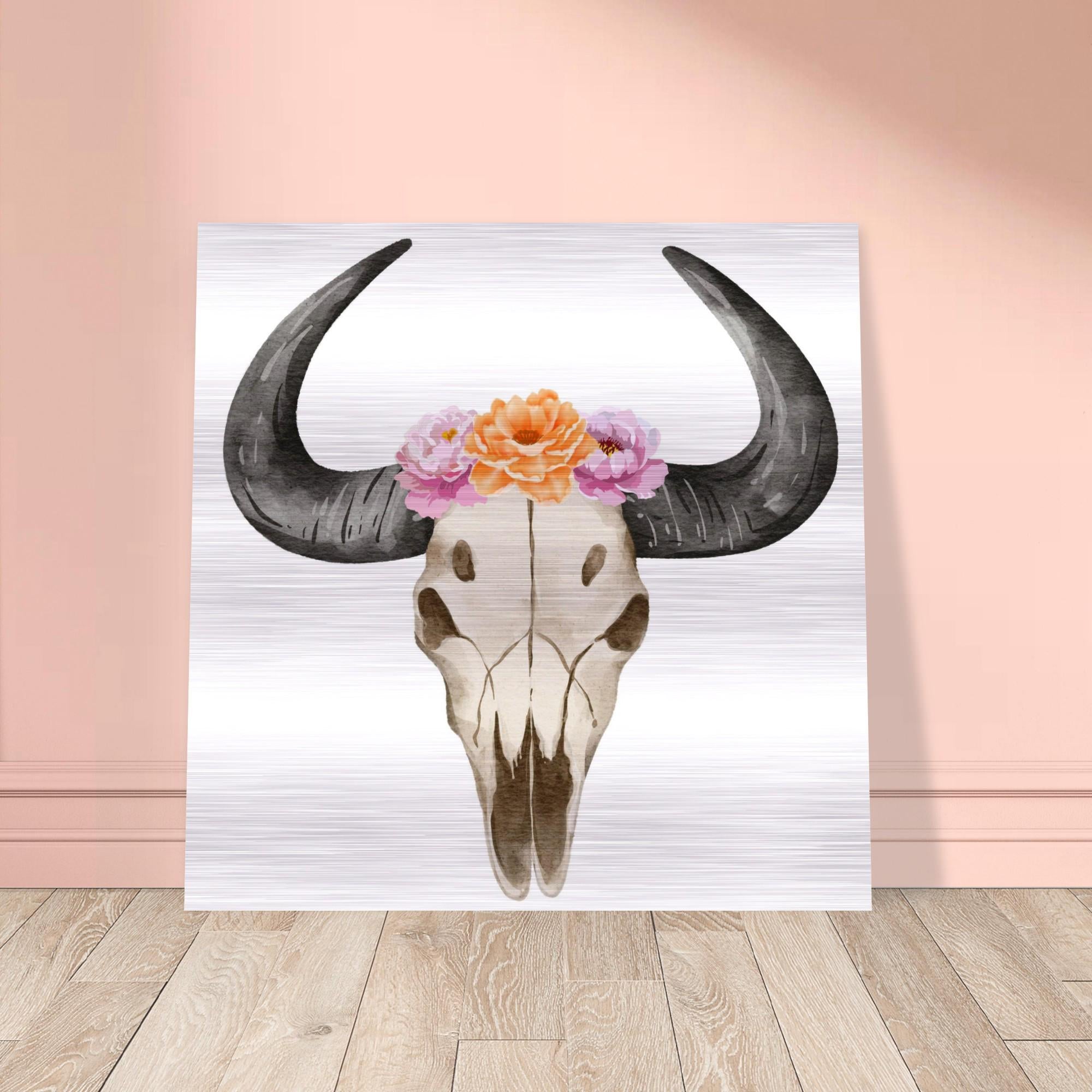 Hand-Painted Floral Bull Skull Aluminum Print | Western Boho Decor | Unique Wall Art Gift