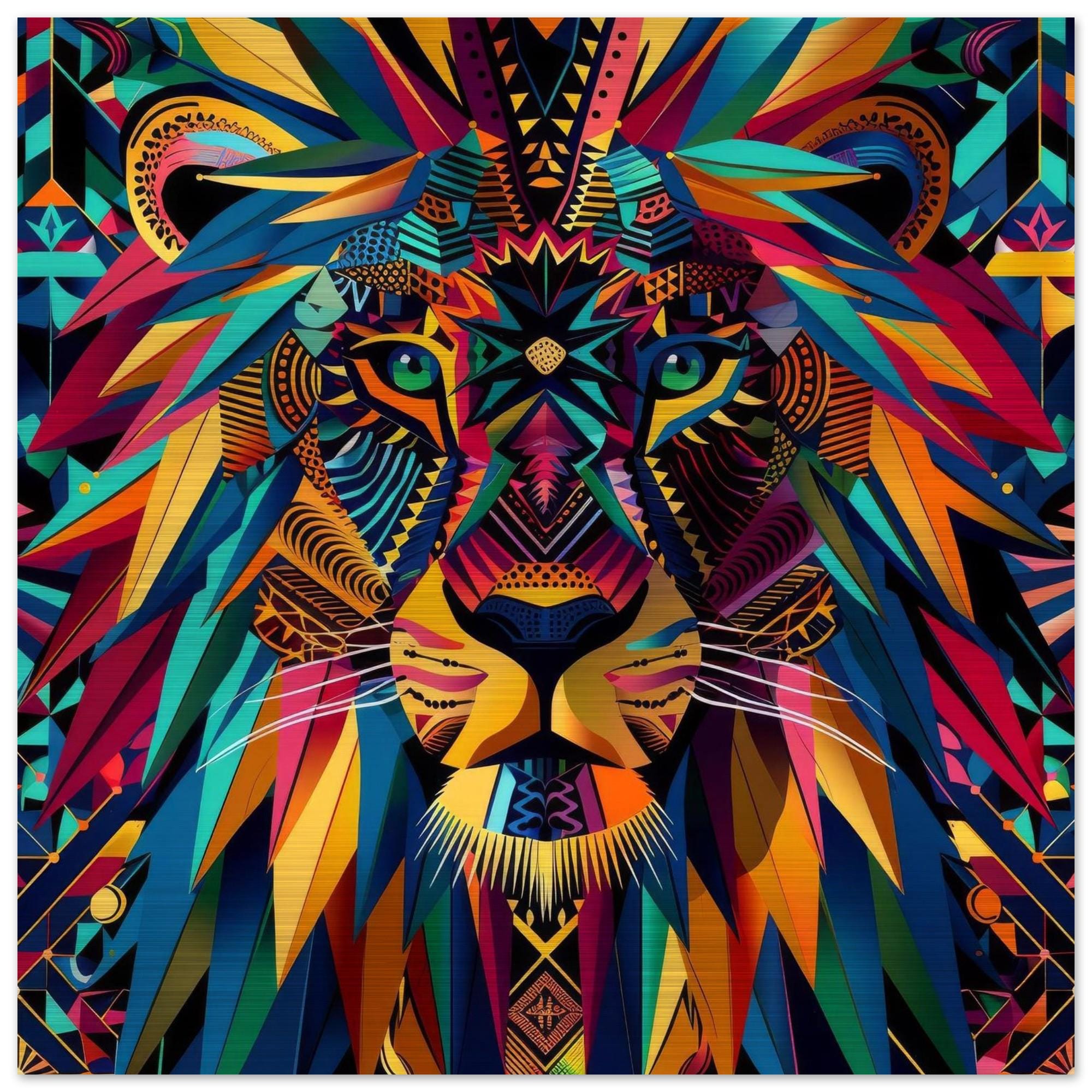 Serengeti Lion Afro-Pop Art Aluminum Print | Bold Neon Wildlife | Modern African Decor | Unique Geometric Animal Gift
