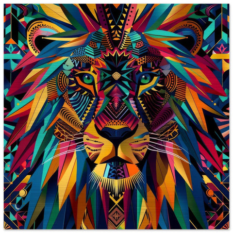 Serengeti Lion Afro-Pop Art Aluminum Print | Bold Neon Wildlife | Modern African Decor | Unique Geometric Animal Gift