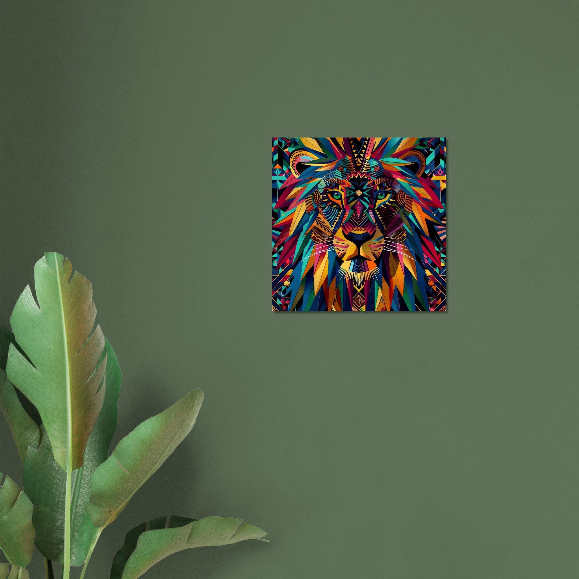 Serengeti Lion Afro-Pop Art Aluminum Print | Bold Neon Wildlife | Modern African Decor | Unique Geometric Animal Gift