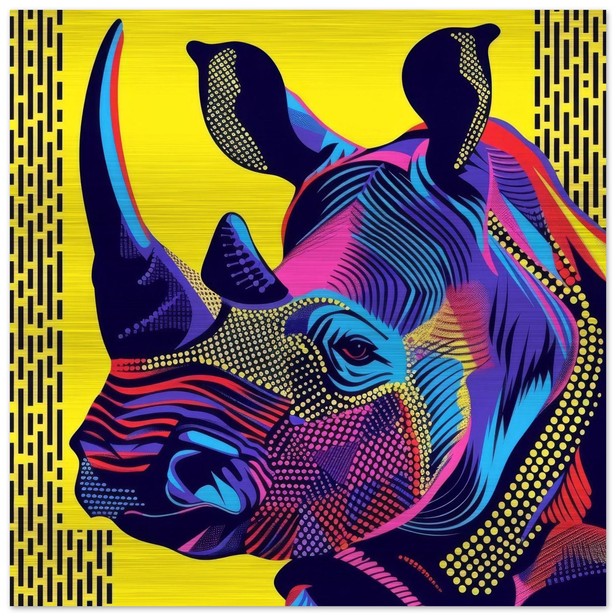Serengeti Black Rhino Afro-Pop Art Aluminum Print | Bold Neon Wildlife | Modern African Decor Gift | Unique Metallic Wall Art