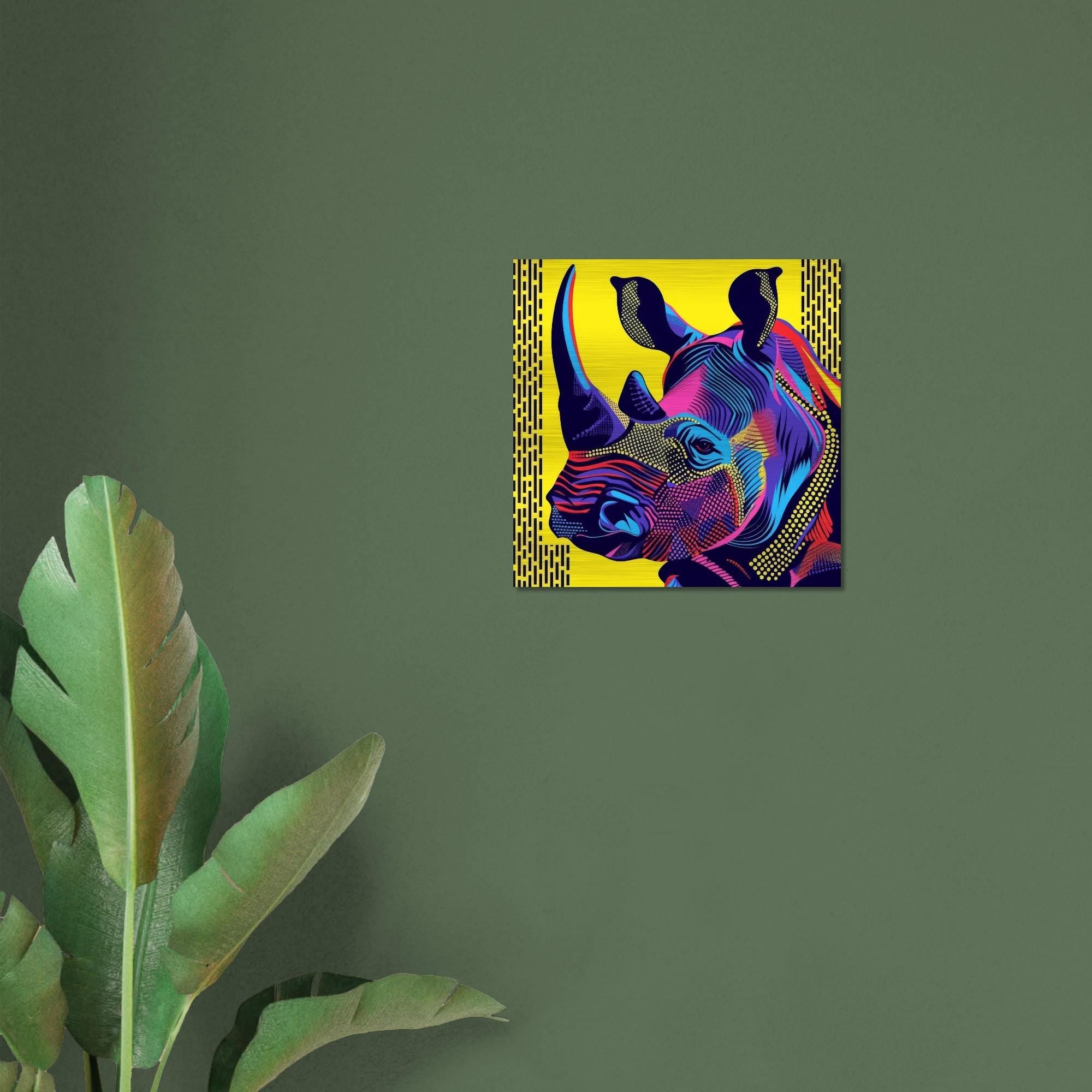 Serengeti Black Rhino Afro-Pop Art Aluminum Print | Bold Neon Wildlife | Modern African Decor Gift | Unique Metallic Wall Art