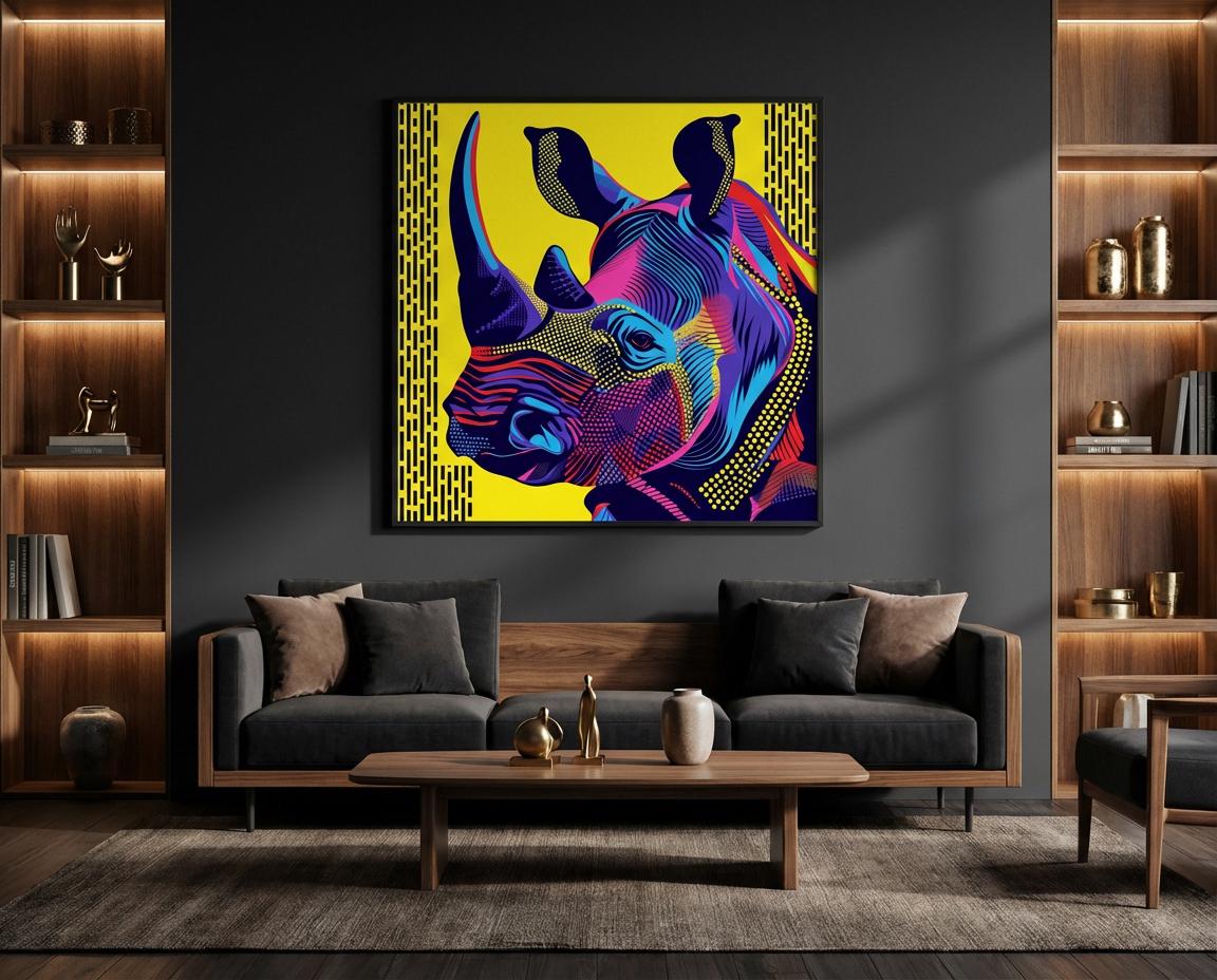 Serengeti Black Rhino Afro-Pop Art Aluminum Print | Bold Neon Wildlife | Modern African Decor Gift | Unique Metallic Wall Art