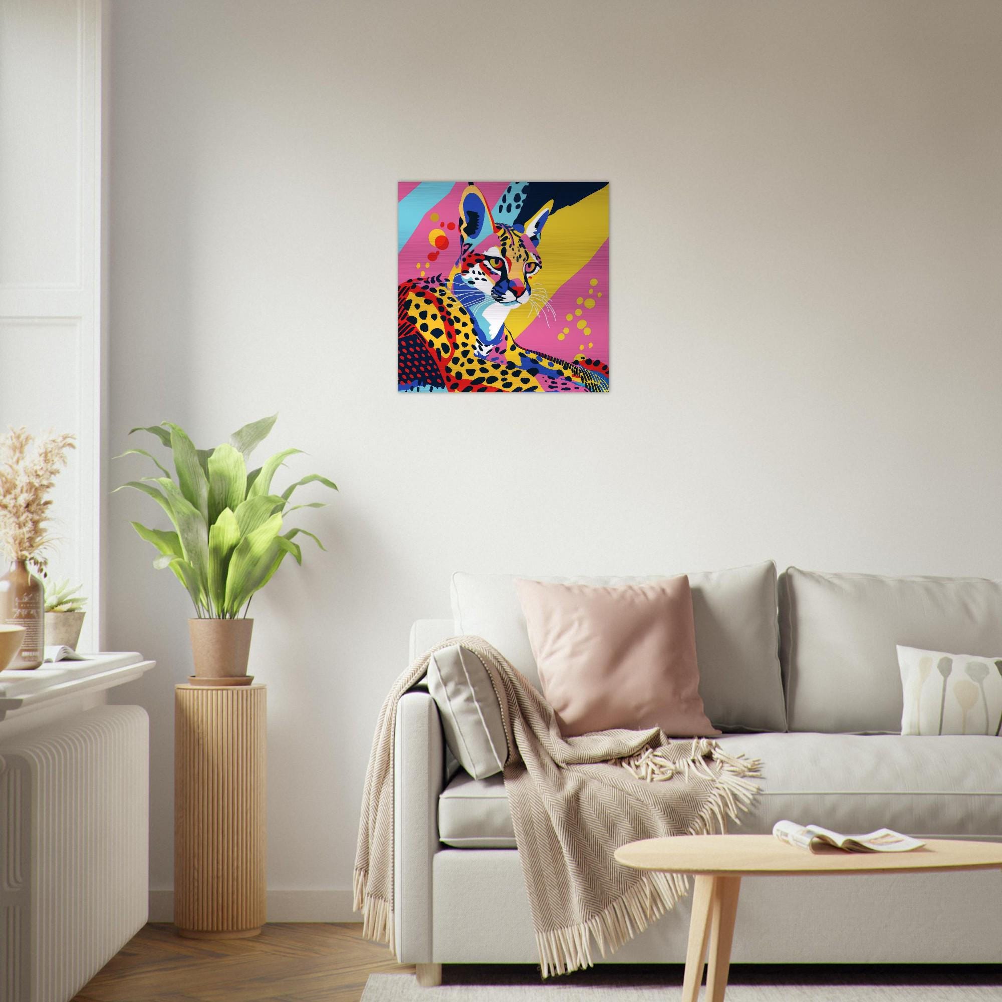 Serengeti Serval Afro-Pop Art Aluminum Print | Neon Wildlife Geometric Animal | Modern African Decor Gift | Unique Wall Art