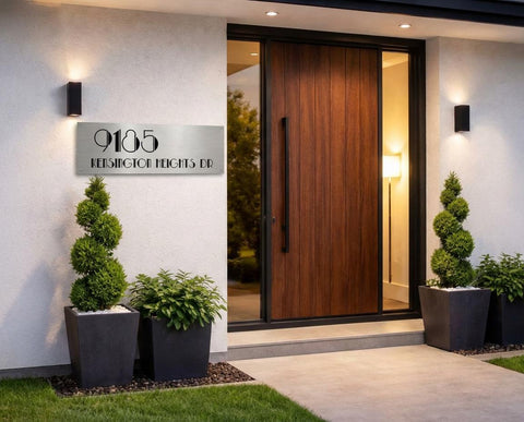 Custom 8x24 Kensington Address Sign | Modern House Numbers Plaque | Brushed Aluminum Metal Outdoor Home Decor | Personalized Gift