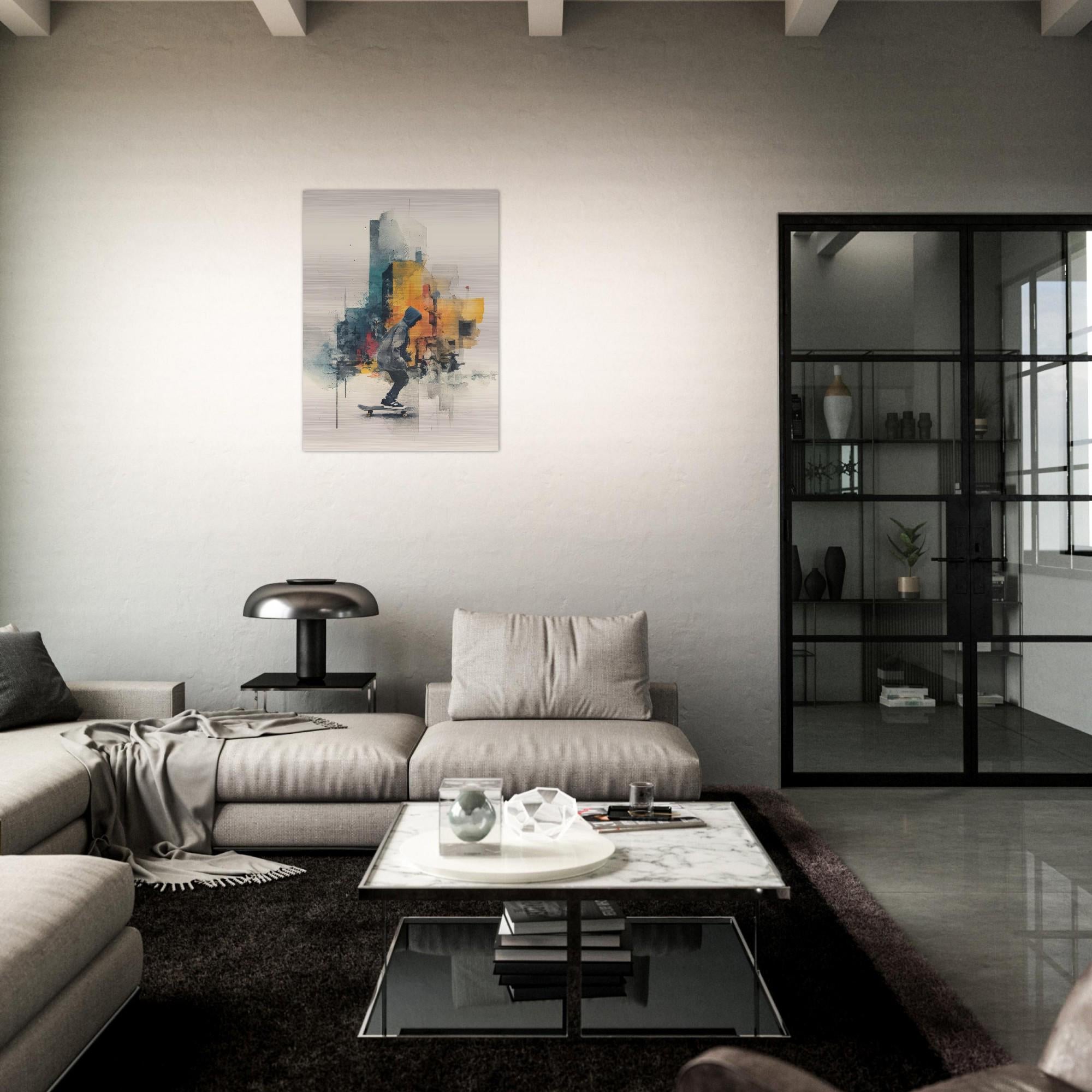 Drift Skateboarder Brushed Aluminum Print - Watercolor Urban Art, Street Culture Decor, Modern Art Gift