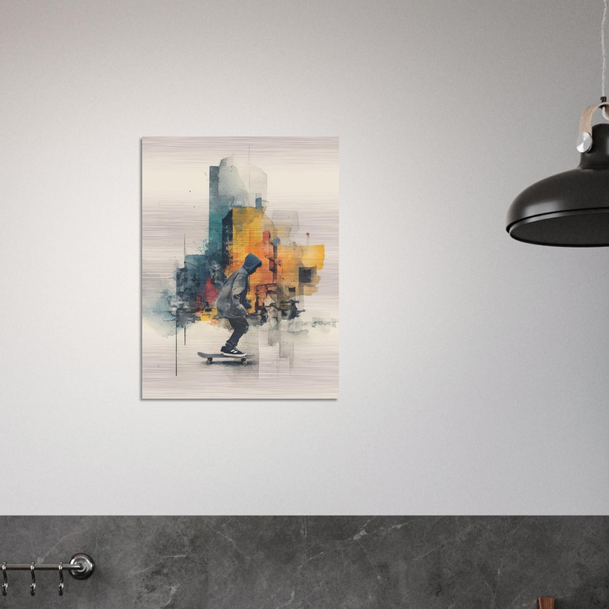 Drift Skateboarder Brushed Aluminum Print - Watercolor Urban Art, Street Culture Decor, Modern Art Gift
