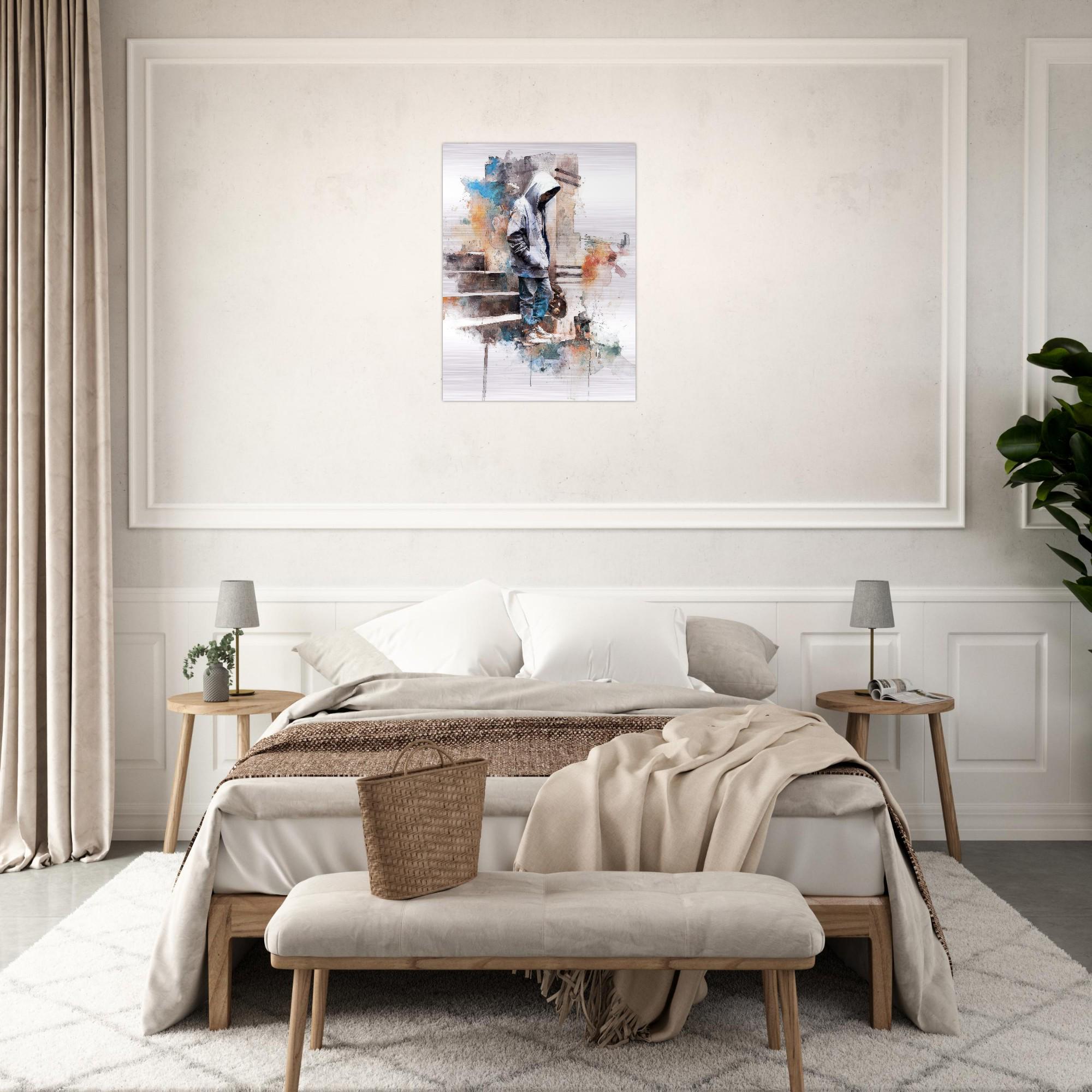 Arrival - Skateboarder on Brushed Aluminum Print | Urban Watercolor Art | Modern Home Decor Gift