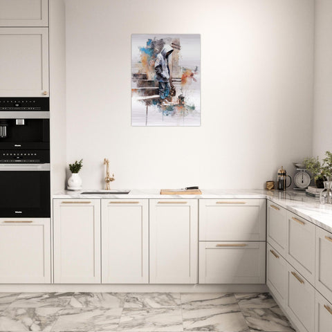Arrival - Skateboarder on Brushed Aluminum Print | Urban Watercolor Art | Modern Home Decor Gift