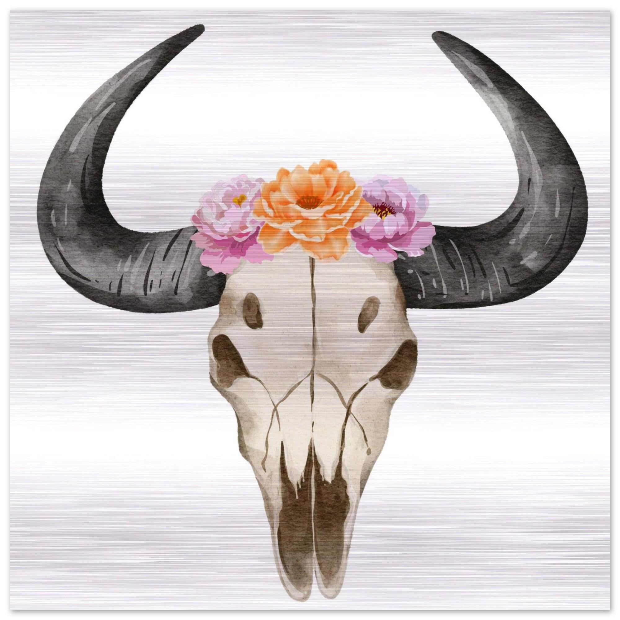 Hand-Painted Floral Bull Skull Aluminum Print | Western Boho Decor | Unique Wall Art Gift