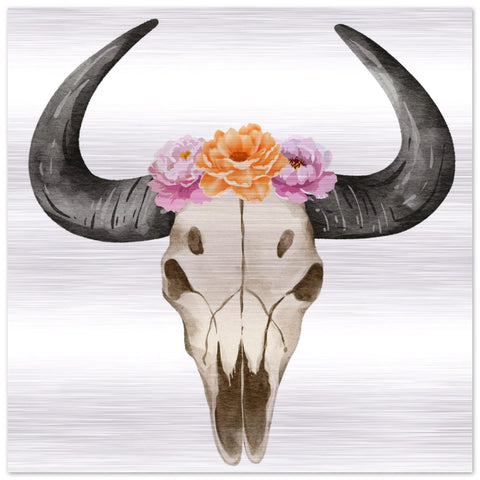 Hand-Painted Floral Bull Skull Aluminum Print | Western Boho Decor | Unique Wall Art Gift