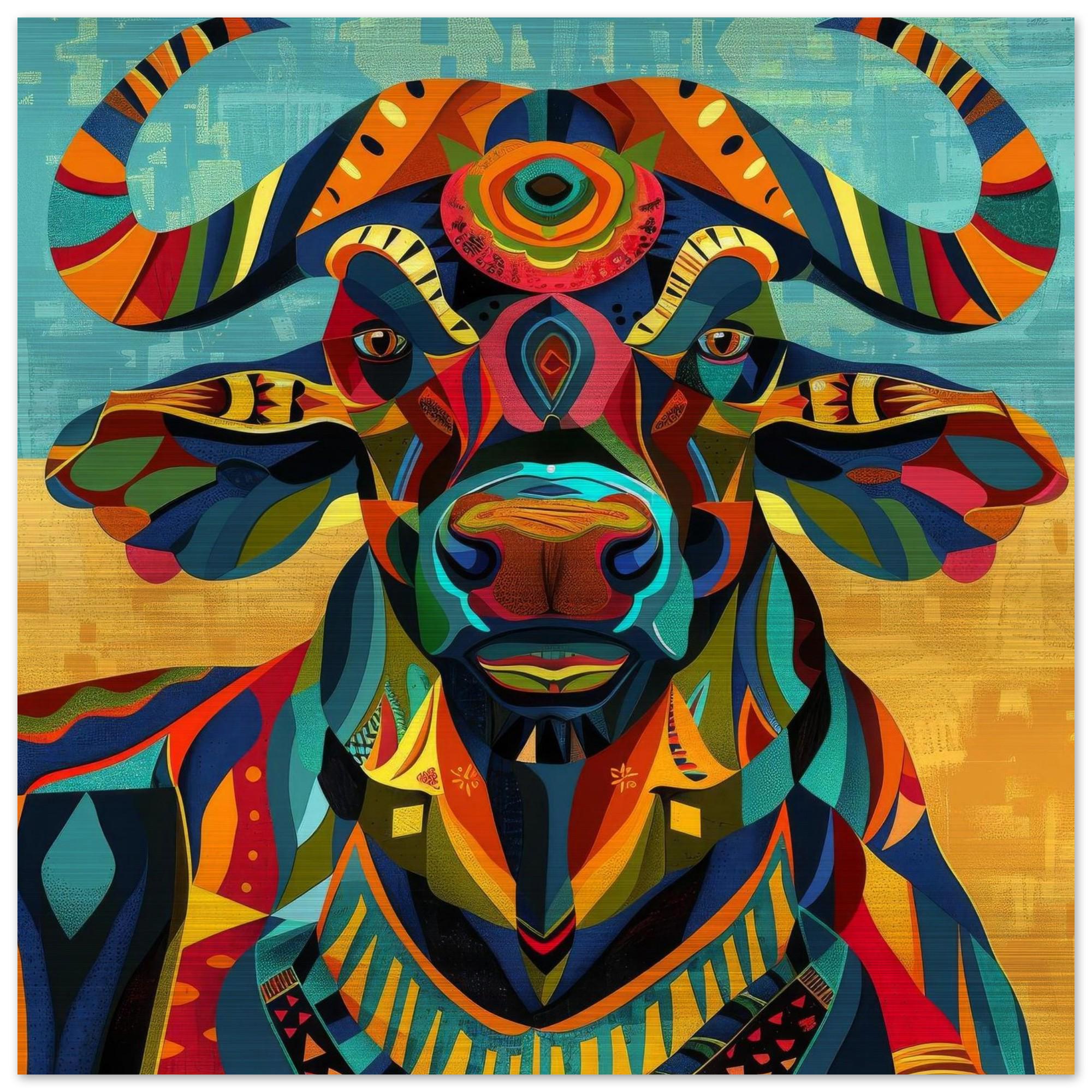 Serengeti African Buffalo — Vibrant Afro‑Pop Geometric Wall Art on Aluminum | Modern Safari Decor | Bold Colorful Wildlife Artwork