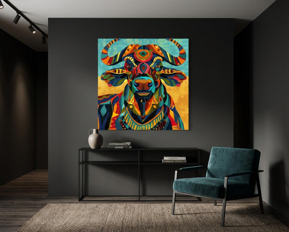 Serengeti African Buffalo — Vibrant Afro‑Pop Geometric Wall Art on Aluminum | Modern Safari Decor | Bold Colorful Wildlife Artwork