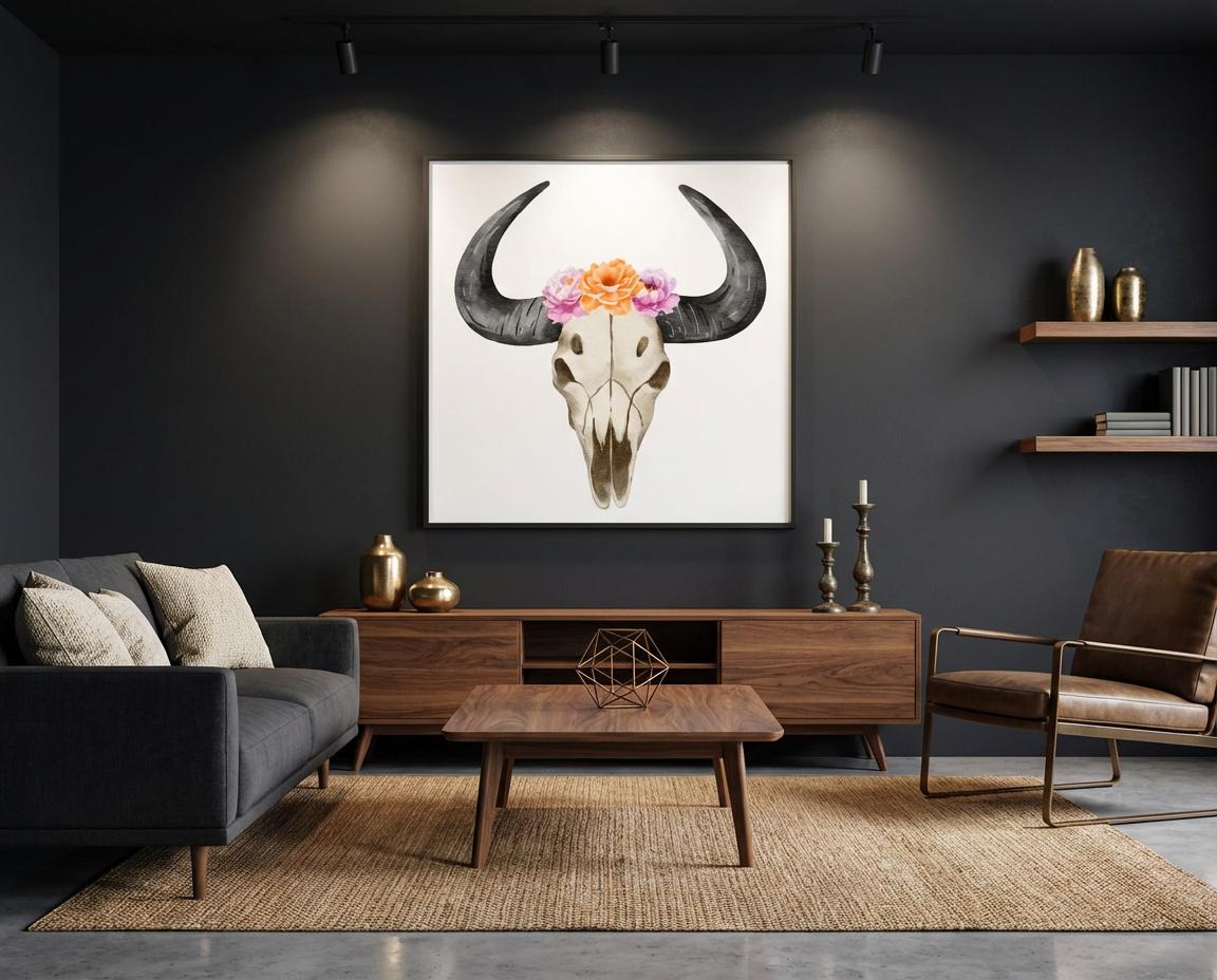 Hand-Painted Floral Bull Skull Aluminum Print | Western Boho Decor | Unique Wall Art Gift