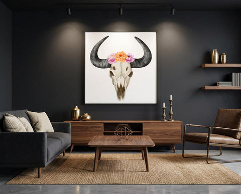 Hand-Painted Floral Bull Skull Aluminum Print | Western Boho Decor | Unique Wall Art Gift