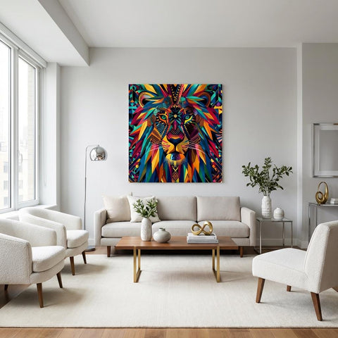 Serengeti Lion Afro-Pop Art Aluminum Print | Bold Neon Wildlife | Modern African Decor | Unique Geometric Animal Gift