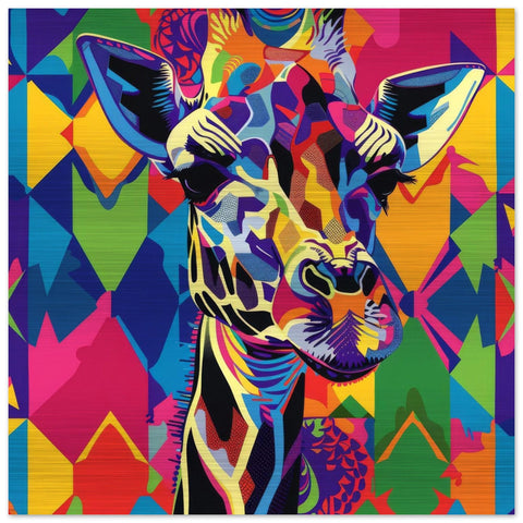 Serengeti Giraffe Afro-Pop Art Aluminum Print | Bold Neon Wildlife | Modern African Decor Gift | Textured Metallic Finish