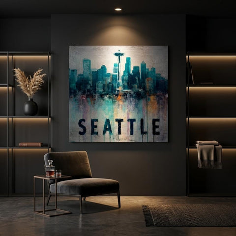 Seattle Aluminum Print | Moody Pacific Northwest Cityscape Art | Urban Pulse Collection Textured Industrial Wall Decor | Modern Home Art
