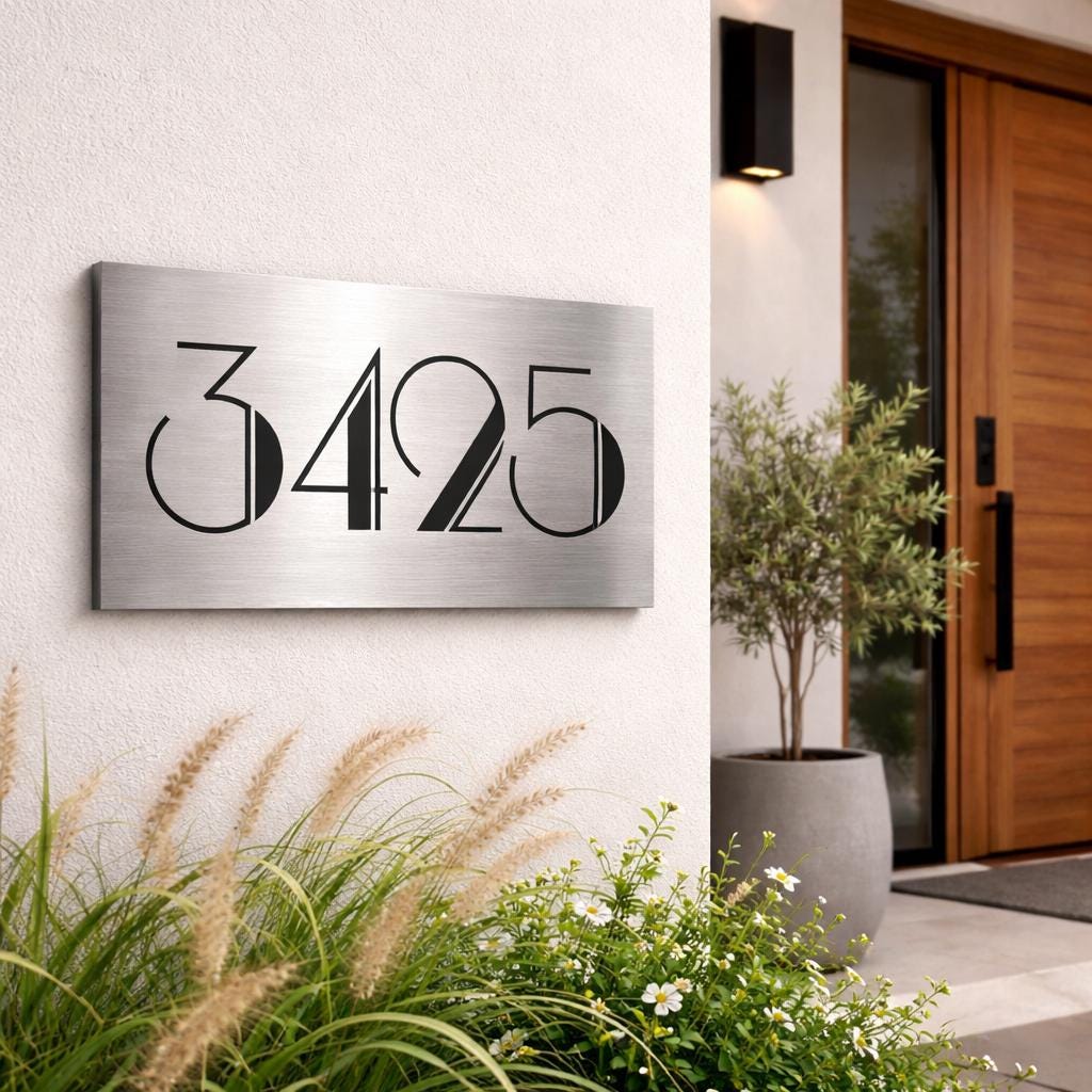 Custom 8x12 Brighton Brushed Aluminum House Number Sign – Modern Architectural Address Plaque