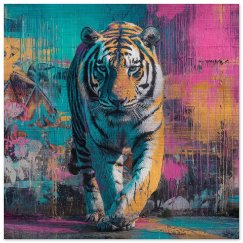 Advancing — Neon Graffiti Tiger on Brushed Aluminum | Brushed Metal Wall Art | Modern Home Decor