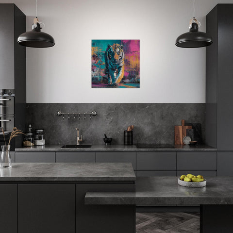 Advancing — Neon Graffiti Tiger on Brushed Aluminum | Brushed Metal Wall Art | Modern Home Decor