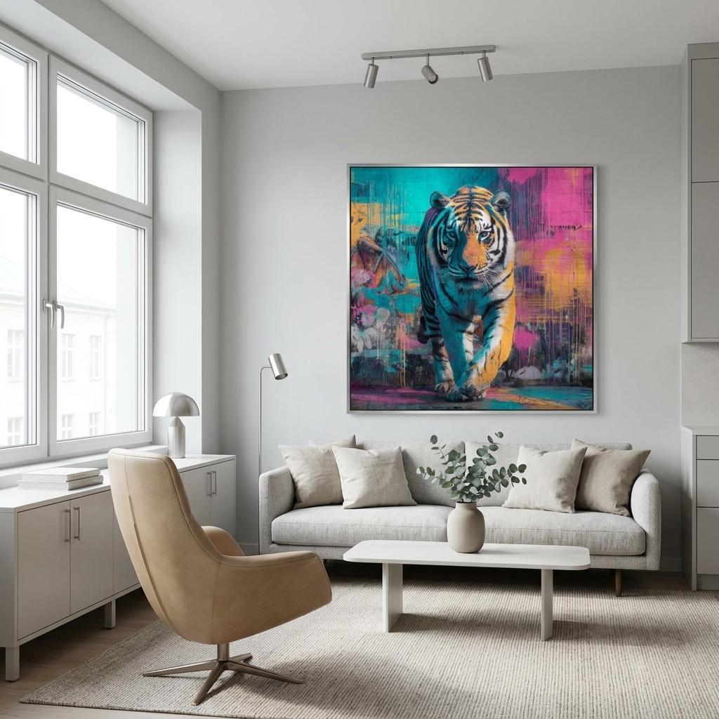 Advancing — Neon Graffiti Tiger on Brushed Aluminum | Brushed Metal Wall Art | Modern Home Decor